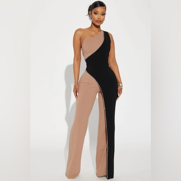 Fashion Nova Pants - Fashion Nova Tan Black romper with rhinestone Accents stones all intact